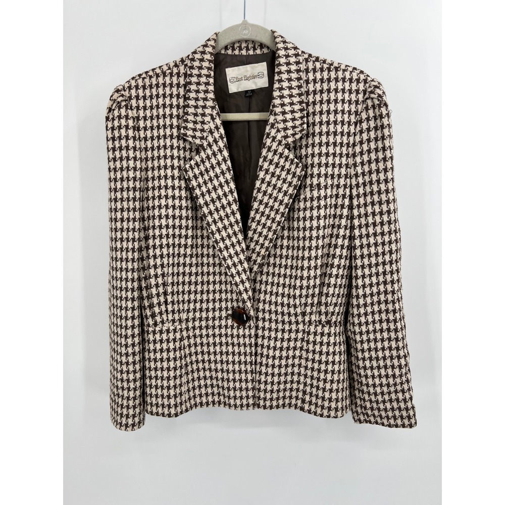 Vintage Silk Blend Houndstooth Blazer Size 12‎ Brown Cream Tailored Jacket